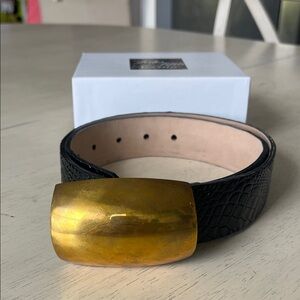 L’Agence Milou Domed Croc embossed Black Leather Belt with Gold Buckle